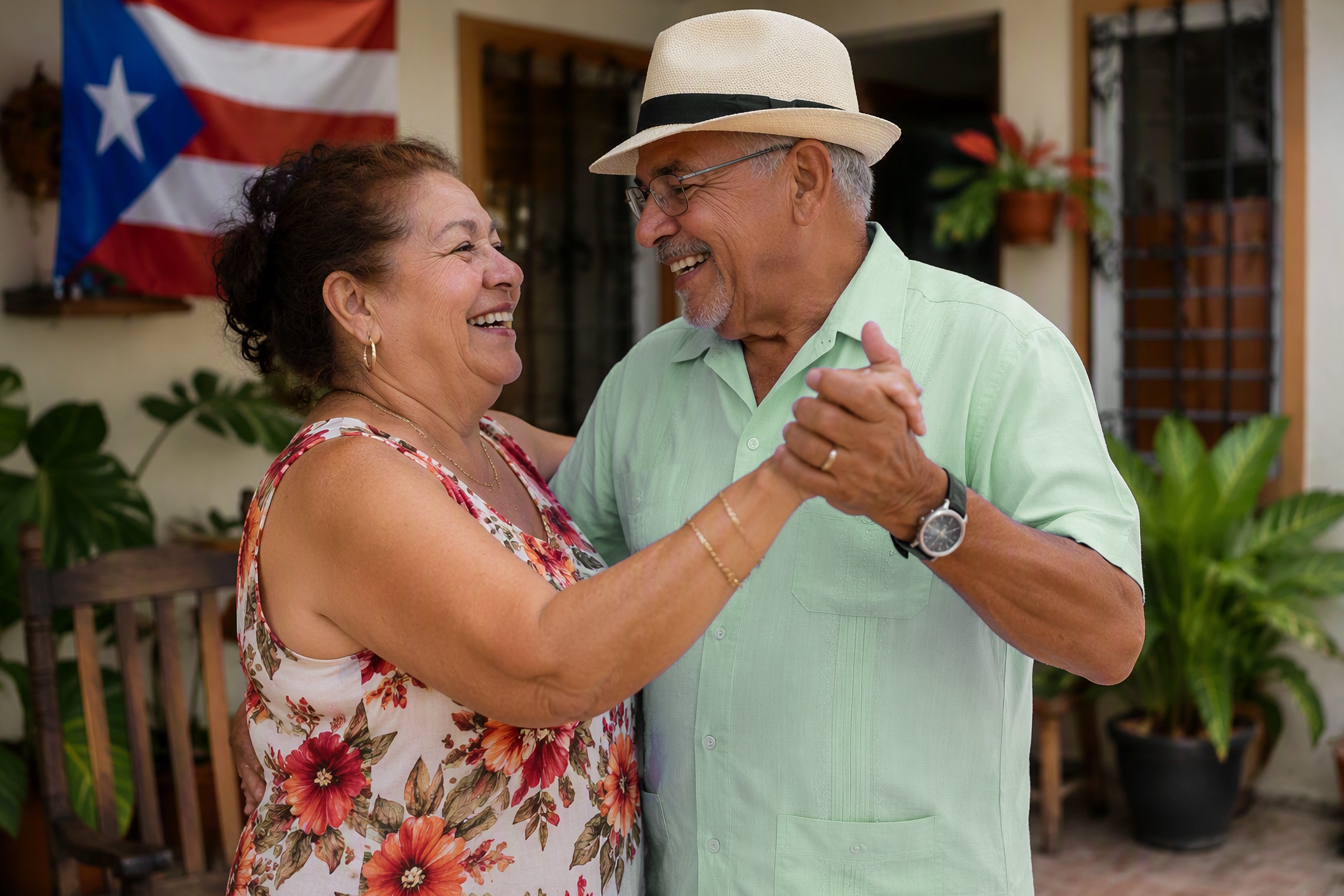 Smiling couple at home; the man has a cane.